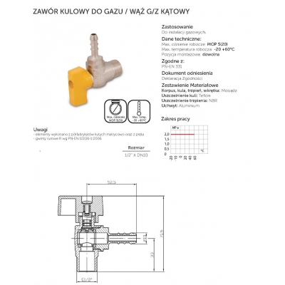 Zawór kulowy do gazu / WĄŻ G/Z kątowy 1/2 cala X DN10 PN-EN 331